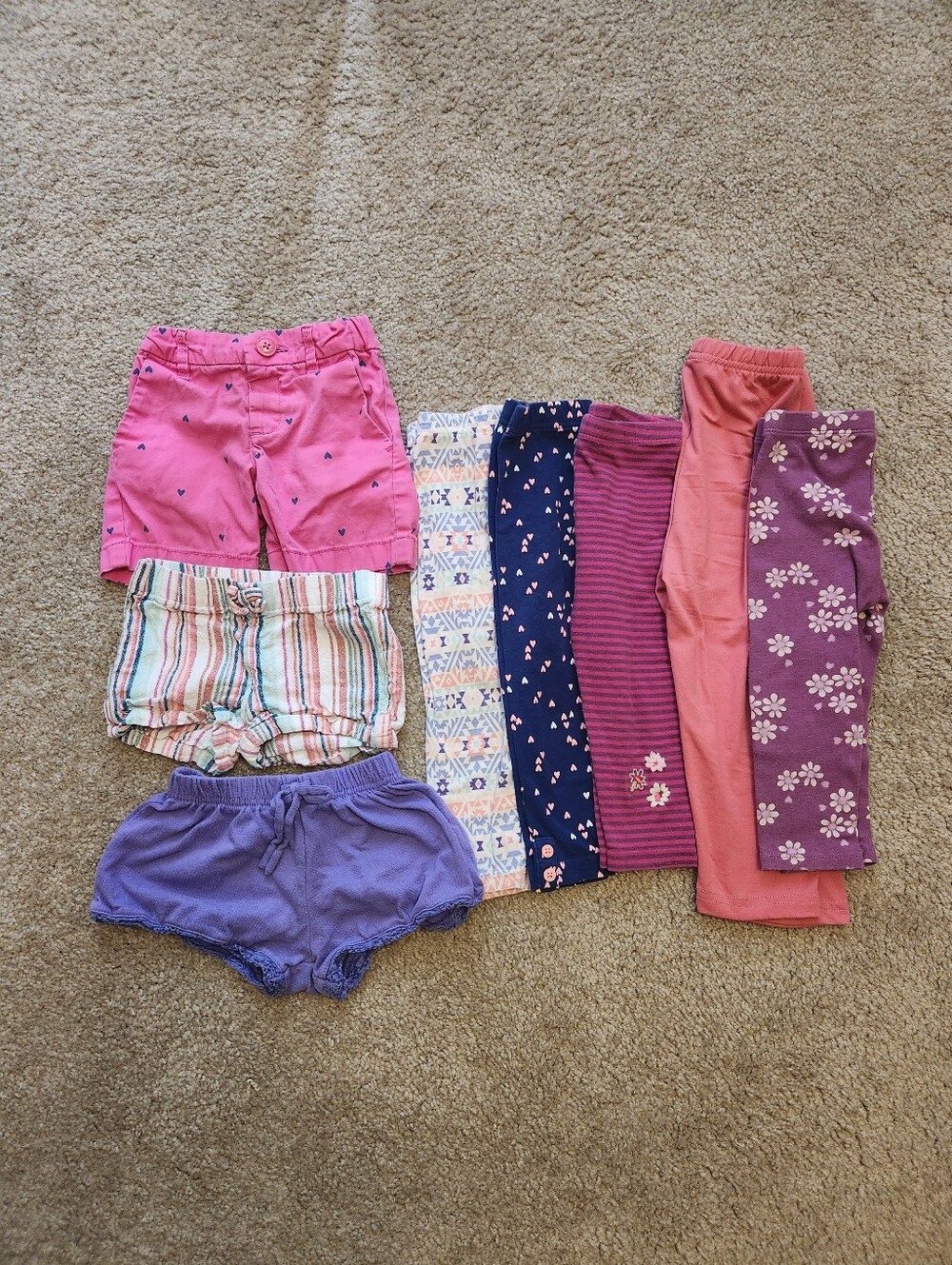 Large Lot of 18-24m Leggings & Shorts Pink Purple Stripes Hearts Bermuda